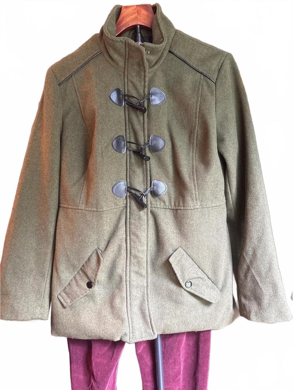 Rampage Toggle Coat Olive Green with black leather trim L
